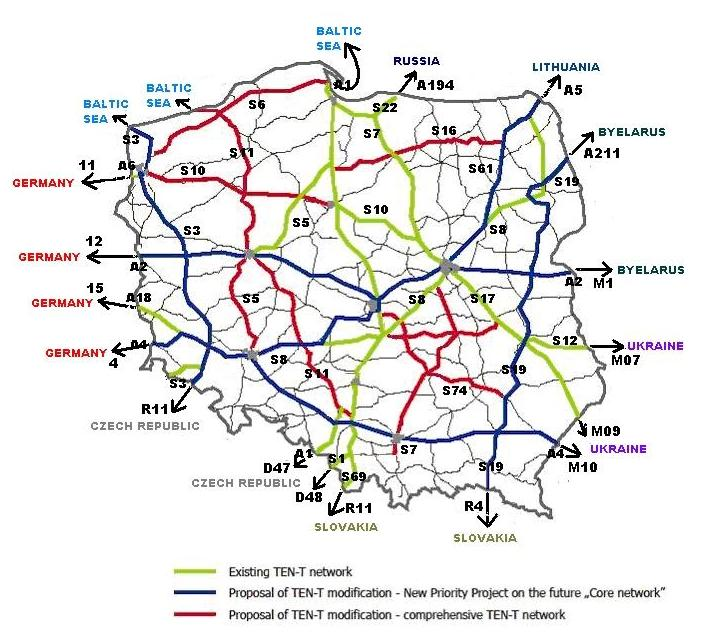 Polska jedno z kluczowych wewnętrznych węzłów transportowych UE i brama UE na Europę Wschodnią 26% dróg krajowych (4816 km) znajduje się w Transeuropejskiej Sieci Transportowej (TEN-T) 40% w