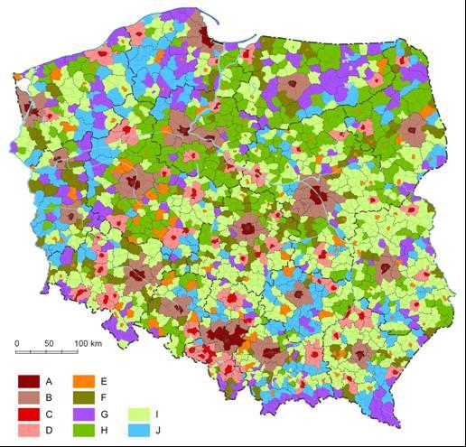 A rdzenie Miejskich Obszarów Funkcjonalnych stolic województw; B strefy zewnętrzne Miejskich Obszarów Funkcjonalnych stolic województw; C rdzenie obszarów funkcjonalnych miast subregionalnych; D