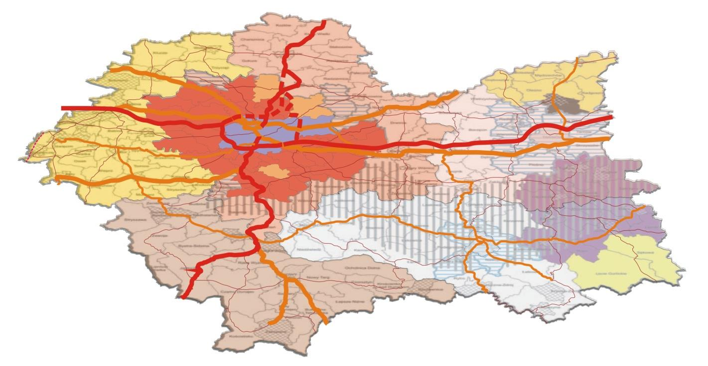 WOJEWÓDZTWO MAŁOPOLSKIE OBSZARY FUNKCJONALNE (WYBRANE) KOM i obszary regionalne; obszary wiejskie wymagające wsparcia procesów rozwojowych; obszar o najniższym poziomie dostępu do dóbr i usług