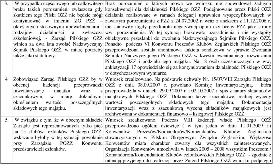 4 Zobowiązać Zarząd Pilskiego OZś by w obecnej kadencji przeprowadził inwentaryzację majątku wraz z szacunkowym, w miarę dokładnym, określeniem wartości poszczególnych składowych tego majątku.