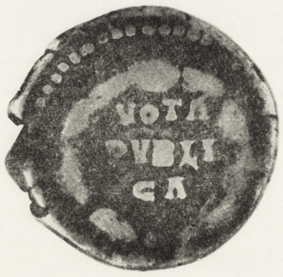 Denary rzymskie z Muzeum w Ostrowcu Świętokrzyskim 435 Rv. Piorun unoszący się poziomo ponad udrapowanym tronem COS IIII Mat. IV/1940, poz. 536 na s. 77 oraz poz. 537 na s. 78 waga: 3,41 5. 161 r.