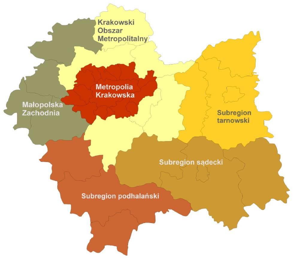 SPR delimitacja subregionów Subregion tarnowski - miasto Tarnów oraz powiaty: brzeski, dąbrowski, tarnowski; Subregion podhalański - powiaty: nowotarski, suski, tatrzański; Subregion sądecki - miasto