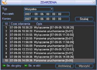 STRUKTURA MENU I OPIS DOSTĘPNYCH FUNKCJI Po kliknięciu w menu INFORMACJE ikony ZDARZENIA wchodzimy do menu, w którym zostanie wyświetlona lista (historia) zdarzeń rejestratora (rys. 5-44).