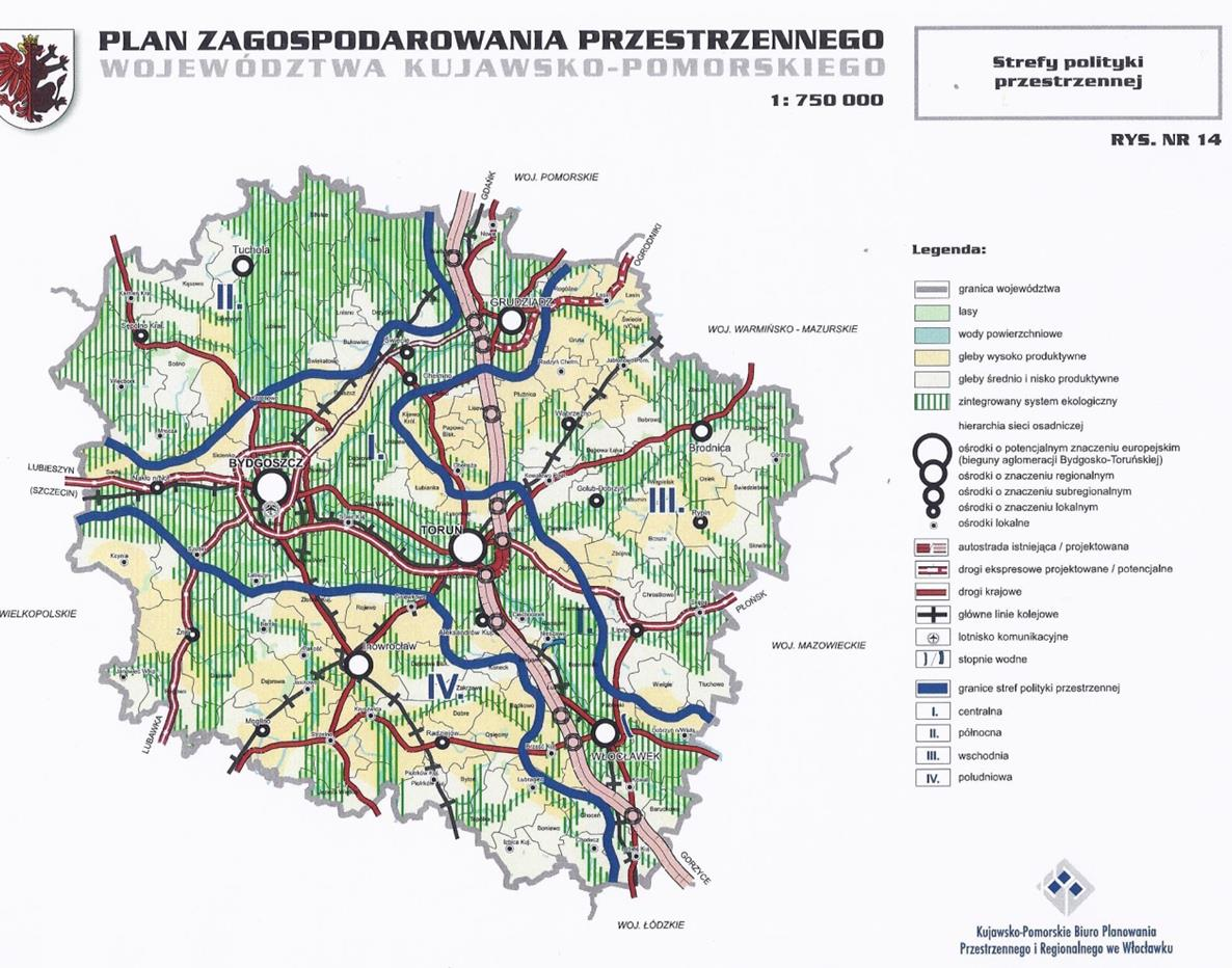W polityce przestrzennej województwa wyodrębniono cztery strefy, w tym dwie obejmujące powiat bydgoski.
