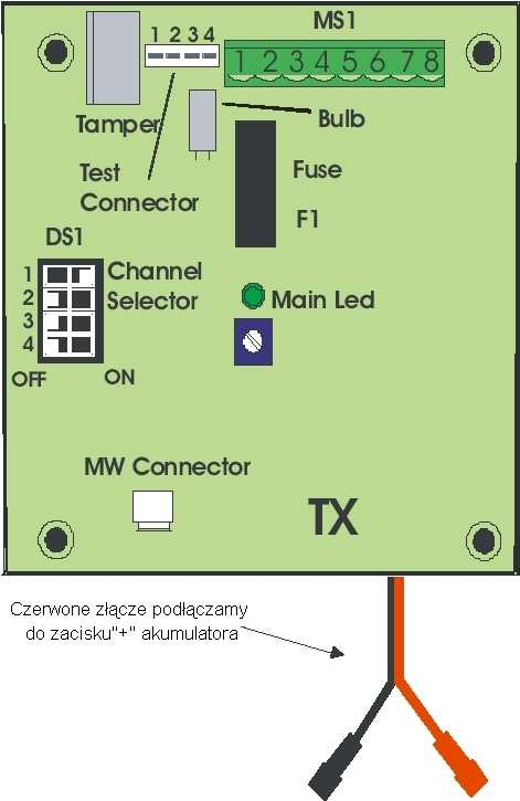 3. PODŁĄCZENIE 3.1.PŁYTY ELEKTRONIKI, PRZEŁĄCZNIKI, ZŁĄCZA 3.1.1.PŁYTA NADAJNIKA Poniższy rysunek obrazuje płytę elektroniki i przeznaczenie poszczególnych złączy i przełączników dla nadajnika bariery ERMO 482.