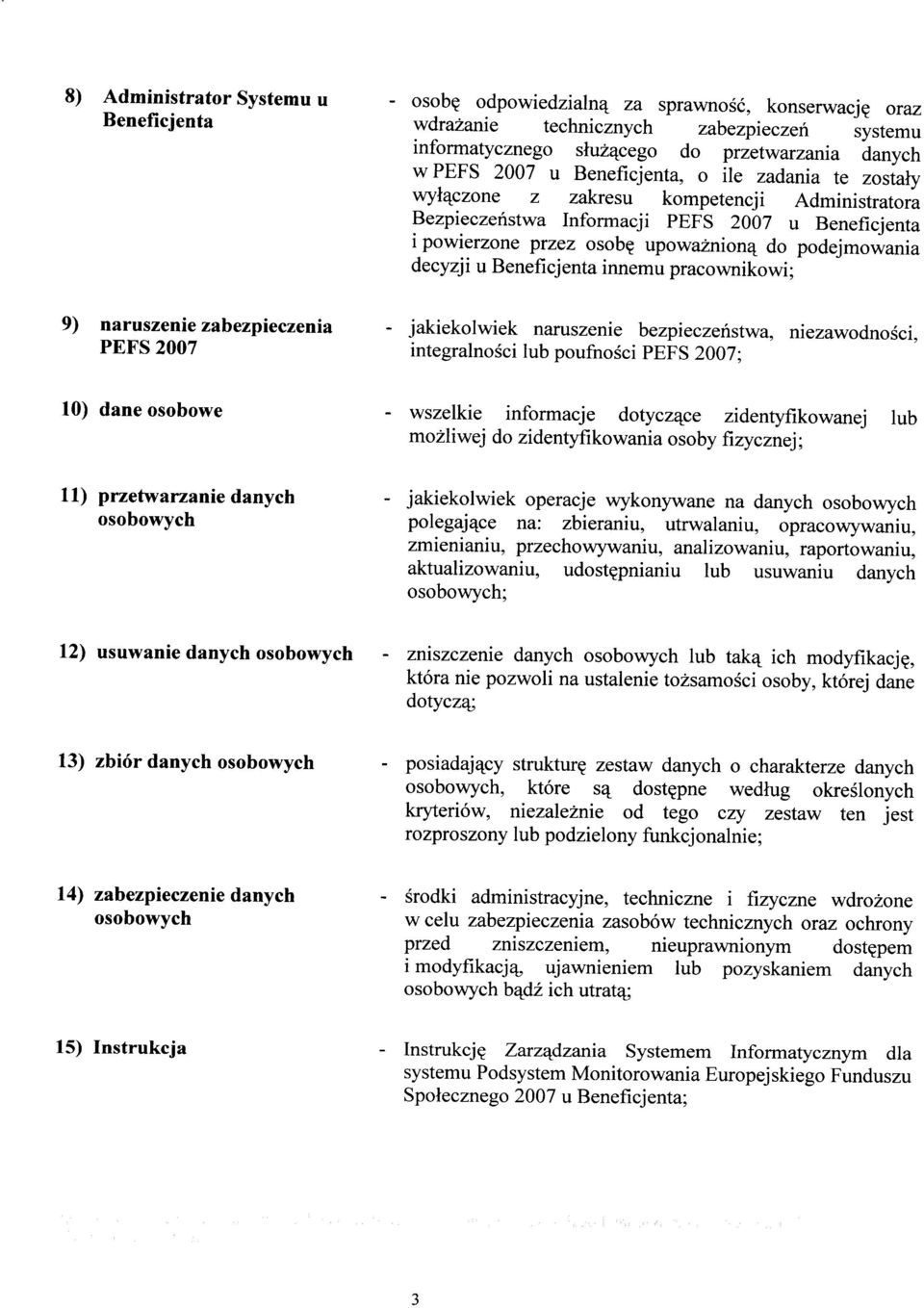 Beneficjenta innemu pracownikowi; 9) naruszenie zabezpieczenia PEFS2007 - jakiekolwiek naruszenie bezpieczeństwa, niezawodności, integralności lub poufności PEFS 2007; 10) dane osobowe - wszelkie