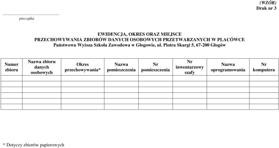 Piotra Skargi 5, 67-200 Głogów Numer zbioru Nazwa zbioru danych osobowych Okres przechowywania*