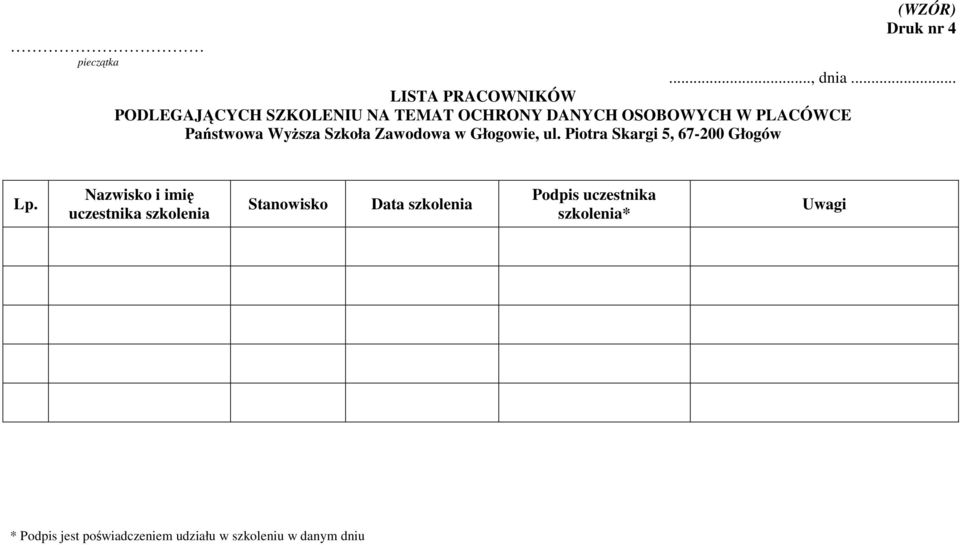 Państwowa Wyższa Szkoła Zawodowa w Głogowie, ul. Piotra Skargi 5, 67-200 Głogów Lp.