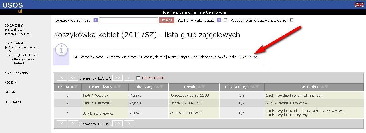 lista grup przedmiotów. Każda grupa przedmiotów nazywa się tak jak przedmiot, który do niej należy.