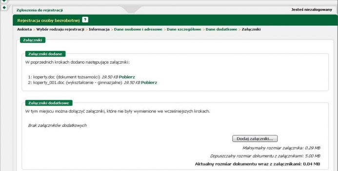 KROK 21: W tym oknie znajduje się wykaz załączników dodanych podczas rejestracji.