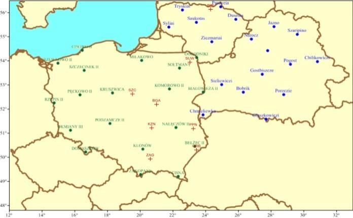 Sieć stacji permanentnej rejestracji zmian składowych pola magnetycznego Ziemi XYZ Obecnie w Polsce pracuje 5 stacji polowych należących do IGF i stacja IGiK w Obserwatorium Borowa Góra.