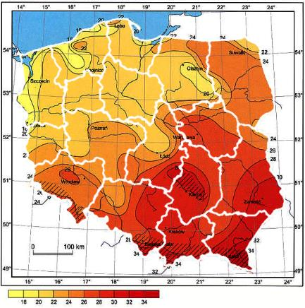 Powyższa mapa prezentuje ilość dni burzowych w roku białe kontury stanowią granice poszczególnych dyrekcji.