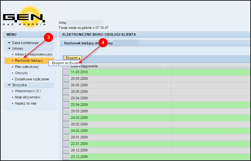VII. Eksport danych z rachunku do pliku Excel 1. aby wyeksportować plik Excel najpierw wybierz z menu ebok listę posiadanych umów 2.