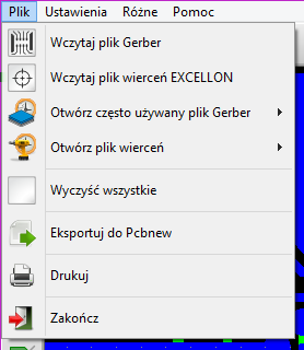 GerbView 5 / 11 5 Polecenia menu 5.1 Menu plik Możliwe jest wczytanie zarówno plików Gerber oraz plików wierceń do programu Gerbview by móc wyświetlić je razem.