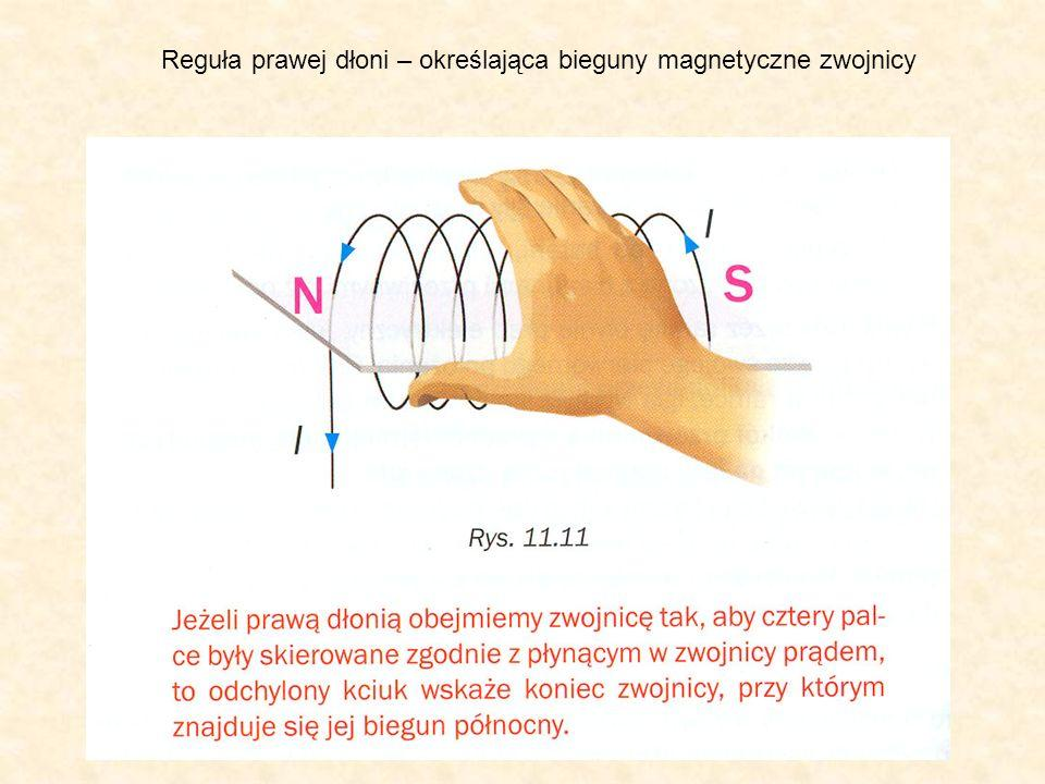 Pole magnetyczne zwojnicy (cewki, solenoidu) ciąg dalszy Jeżeli prawą dłonią obejmiemy zwojnicy tak, by zagięte cztery palce były