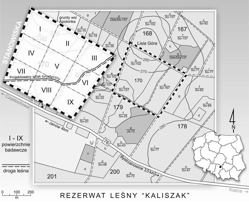 154 Fragm. Florist. Geobot. Polon. 19(1), 2012 Ryc. 1. Rozmieszczenie stanowisk badawczych porostów (kwadraty I IX) w rezerwacie Kaliszak Fig. 1. Distribution of study sites of the lichens (squares I IX) in the Kaliszak Nature Reserve leśnej.