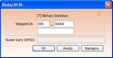 Po wybraniu z menu jak wyżej pojawi się okno Dodaj RFID.