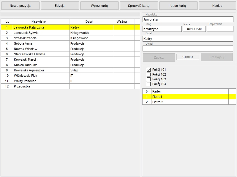 Karty pisywanie do programu osób, którym są wydawane karty. Proszę wcisnąć klawisz Nowa pozycja. lonej tabeli nalezy wpisać nazwisko, imię i numer karty.
