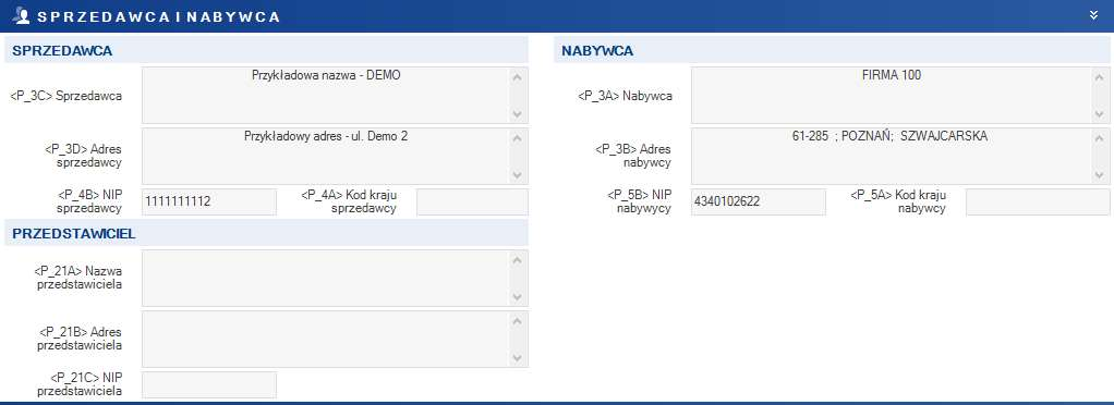Rysunek 11 3.2.1.2 SEKCJA SPRZEDAWCA I NABYWCA Sekcja sprzedawca i nabywca zawiera pola opisujące strony transakcji tj. sprzedawca, nabywca, przedstawiciel (niewykorzystywane w DMS) (Rysunek 12).