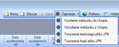 Rysunek 49 4.11 OPERACJE GRUPOWE W oknie Meldunki JPK dostępne są operacje umożliwiające zbiorcze wykonywanie operacji na zaznaczonych meldunkach (Rysunek 50).