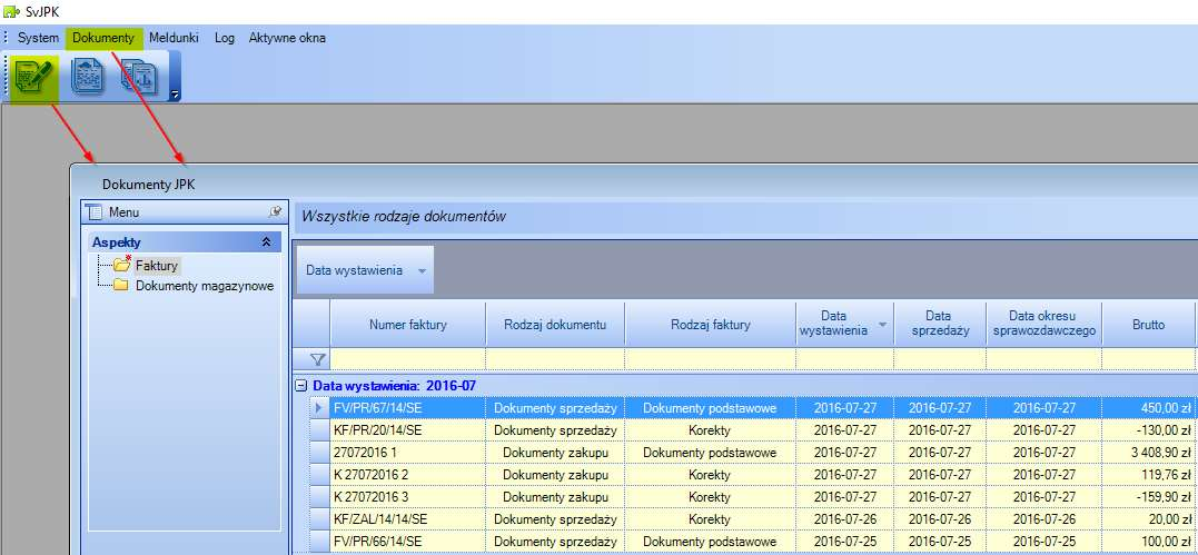 3 DOKUMENTY 3.1 OPIS Przeglądanie zaimportowanych z systemu DMS dokumentów umożliwia okno Dokumenty JPK, które wywoływane jest z menu i ikony Dokumenty (Rysunek 8).