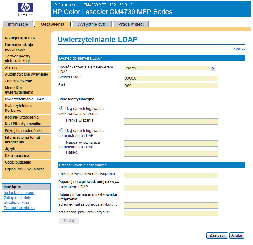 Uwierzytelnianie LDAP Strona Uwierzytelnianie LDAP pozwala na konfigurację serwera LDAP (Lightweight Directory Access Protocol) w celu uwierzytelniania użytkowników urządzenia.