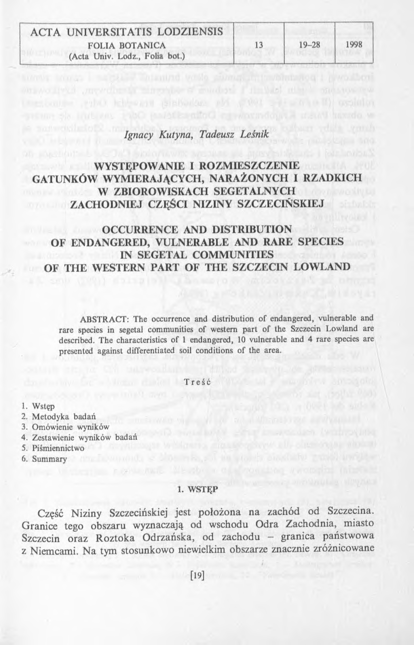 ACTA UNIV ERSITA TIS LO DZIENSIS FOLIA BO TANICA 3 9-8 998 (Acta Univ. Lodz., Folia bot.