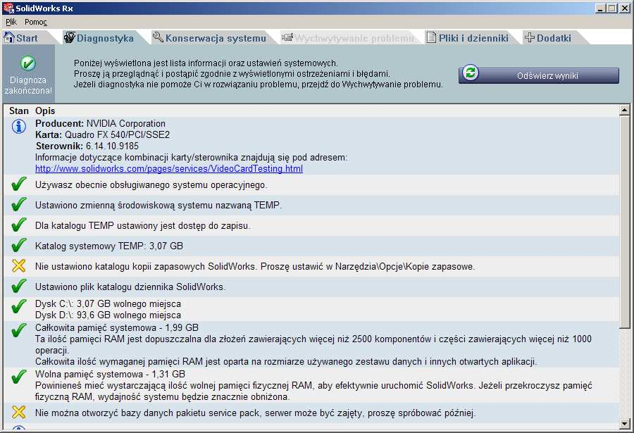 Dodatkowe funkcje programu Solidworks RX Na zakładce Diagnostyka wyświetlone są wyniki testu diagnostycznego komputera, na którym uruchomiono SolidWorks RX.