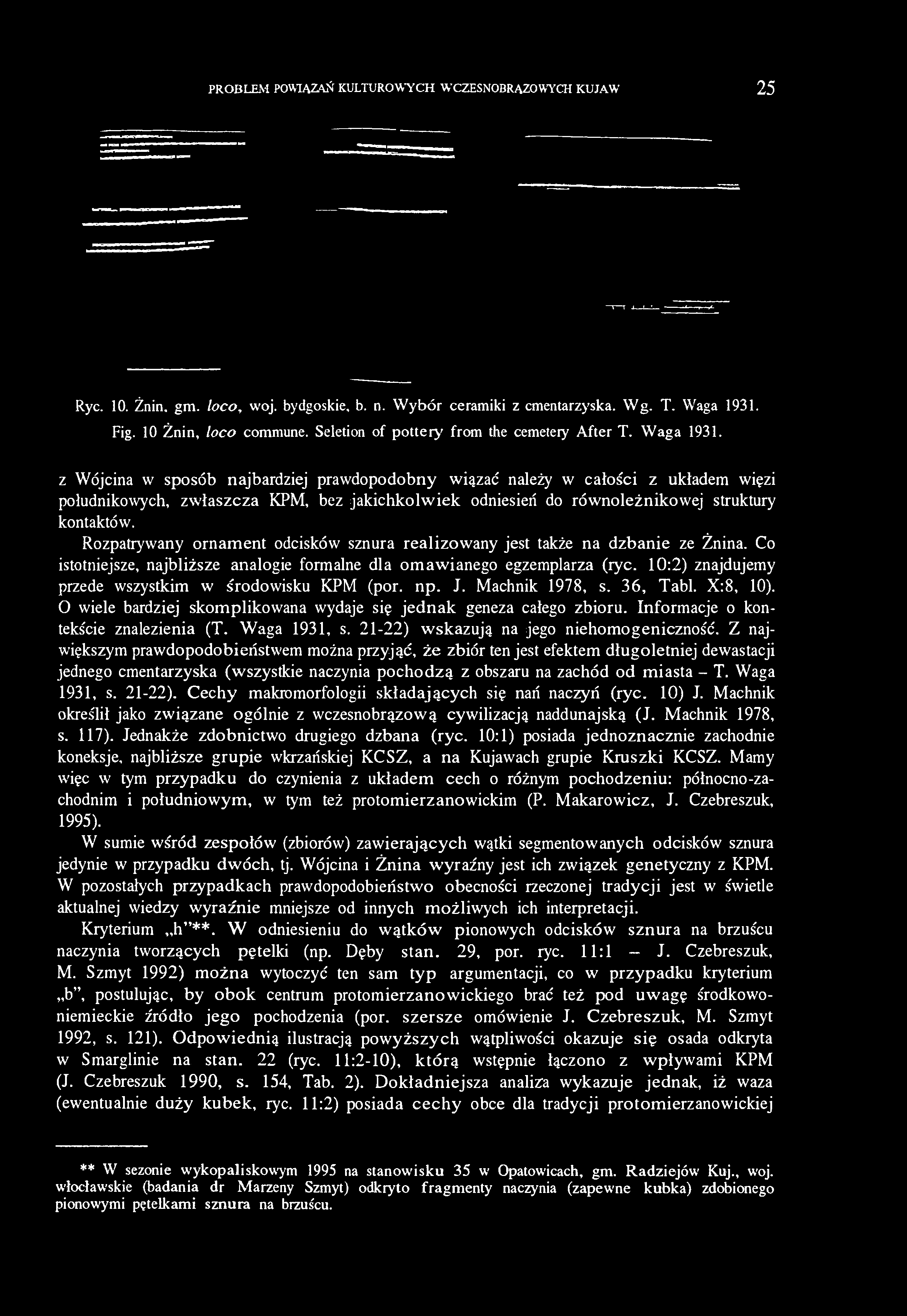 PROBLEM POWIĄZAŃ KULTUROWYCH WCZESNOBRĄZOWYCH KUJAW 25 Ryc. 10. Żnin. gm. loco, woj. bydgoskie, b. n. Wybór ceramiki z cmentarzyska. Wg. T. Waga 1931. Fig. 10 Żnin, loco commune.