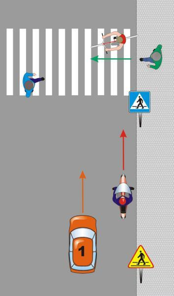 14. W przedstawionej sytuacji rowerzysta jadący po wyznaczonym przejściu dla pieszych: a) ma pierwszeostwo przed pieszym korzystającym, z przejścia, b) postępuje zgodnie z przepisami ruchu drogowego