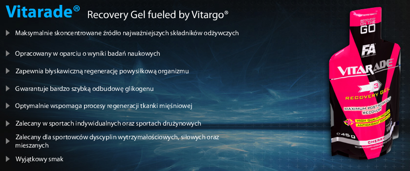 Utworzono: 2017-02-12 20:53:36 Vitarade Recovery Gel - 45g (Węglowodany) Cena produktu: 4,90 PLN 4,49 PLN Vitarade Recovery Gel fueled by Vitargo jest przeznaczony dla sportowców wyczynowych oraz