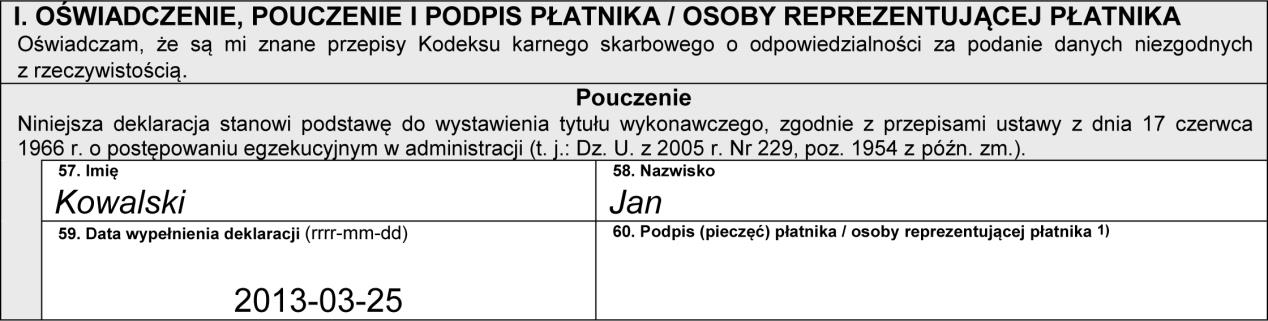 W części H deklaracji zaznaczamy informację o dołączonych załącznikach. Ostatnia z części, którą wypełnia składający deklarację jest część I.