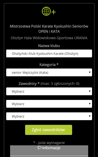 Fiszki o aktualnych zawodach Jeżeli wybierzesz zgłoszenie zawodnika twoim oczom ukaże się formularz zgłoszenia zawodnika.