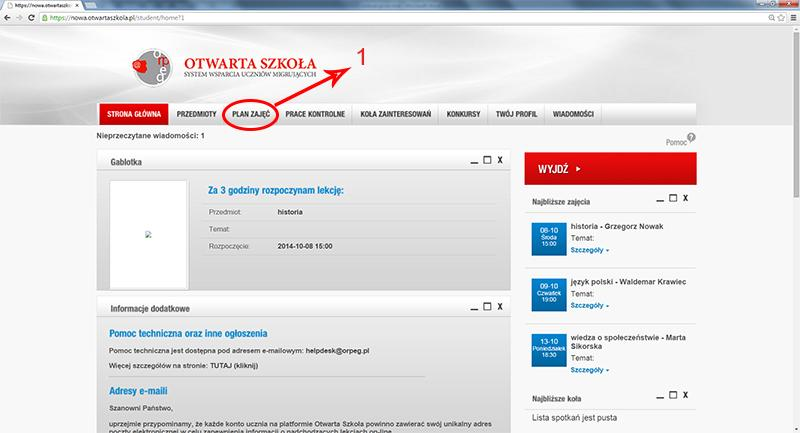 S t r o n a 6 III. Wejście do lekcji on-line Z górnej belki proszę wybrać obrazek z napisem plan zajęć oznaczony numerem 1 (rys.3).