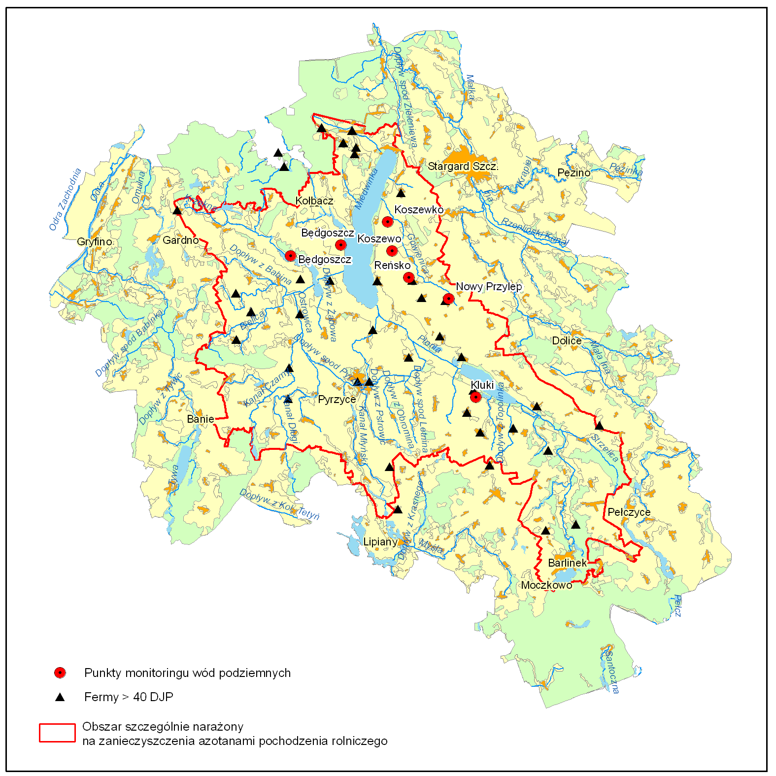 Monitoring wrażliwych wód podziemnych (OSN) Próby pobierano: 2 razy w roku (w sezonie wiosennym i jesiennym) wody wgłębne i 4 razy w roku (co kwartał) wody gruntowe.