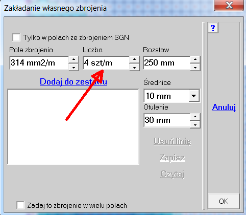 Jak widać rozwartości rys zarówno na dole jak i górze płyty są większe od 0,3 mm. Aby zmniejszyć szerokości rozwarcia rys należy ponownie wrócić do menu Żelbet i wybrać opcję Założenia.