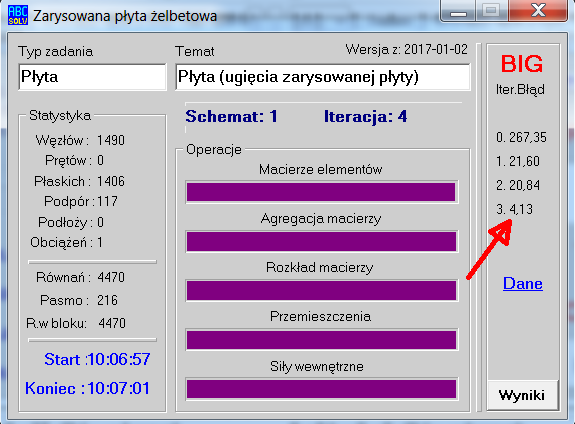 Po zadaniu własnego zbrojenia dla każdego kierunku i dla dołu i góry płyty można wyznaczyć ugięcia płyty w stanie zarysowanym.