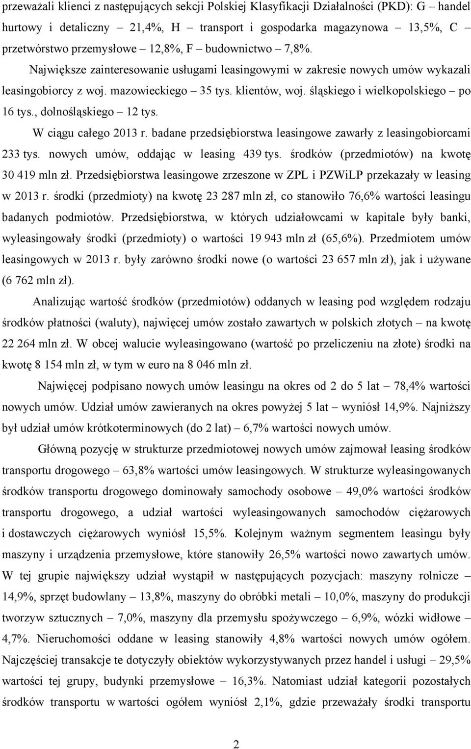 , dolnośląskiego 12 tys. W ciągu całego 2013 r. badane przedsiębiorstwa leasingowe zawarły z leasingobiorcami 233 tys. nowych umów, oddając w leasing 439 tys.