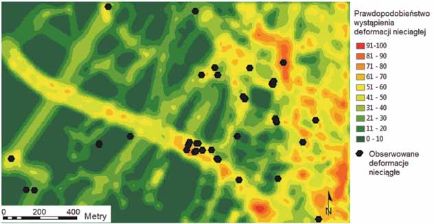Nr 10 PRZEGLĄD GÓRNICZY 67 Rys. 3. Skumulowany obraz stref o wysokim prawdopodobieństwie wystąpienia deformacji nieciągłych Fig. 3. Map of probability of discontinuous deformations occurrence przyczyna powstawania zjawisk nieciągłych jest bardzo złożona.