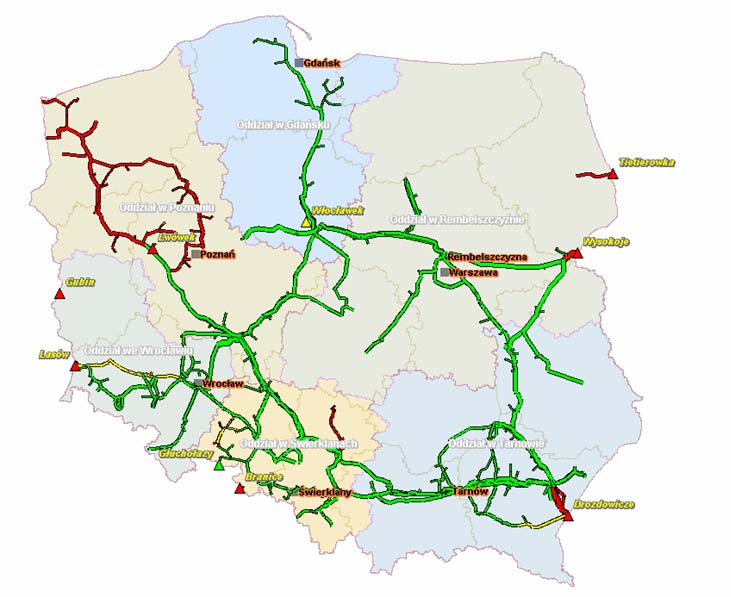 PRZEPUSTOWOŚĆ SYSTEMU PRZESYŁOWEGO istnieją rezerwy zdolności ograniczona zdolność brak zdolności W północno-zachodniej Polsce występują znaczne braki rezerw przepustowości, w związku z