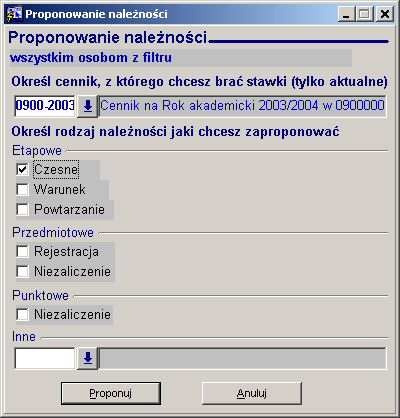 2. Dla wybranej grupy studentów lub wybranej osoby (po skorzystaniu z przycisku Wybierz osob ) nale y zaproponowa nale no ci.