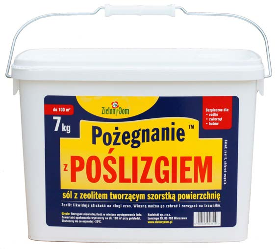 na zimę sól (chlorek wapnia) + zeolit = szorstka powierzchnia Chlorek wapnia jest skuteczny do co najmniej -20oC. Nadtapia lód, a zeolit zapobiega ślizganiu się.