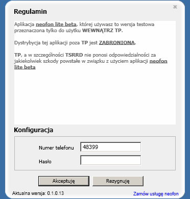 1.3. Po uruchomieniu aplikacji zostanie wyświetlone okno z akceptacją regulaminu oraz prośba o podanie numeru telefonu i hasła, następnie należy nacisnąć przycisk Akceptuję.