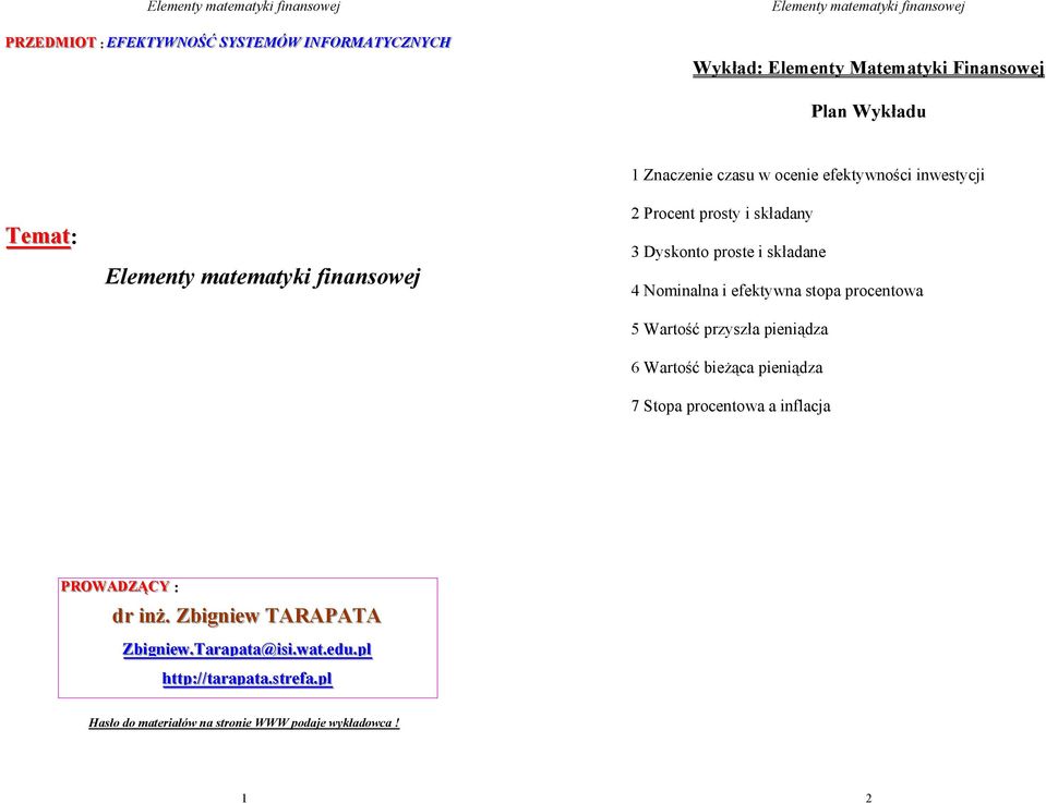 Nomiala i fktywa stopa poctowa 5 Watość pzyszła piiądza 6 Watość biżąca piiądza 7 Stopa poctowa a iflacja ROWADZĄCY : d iiż.