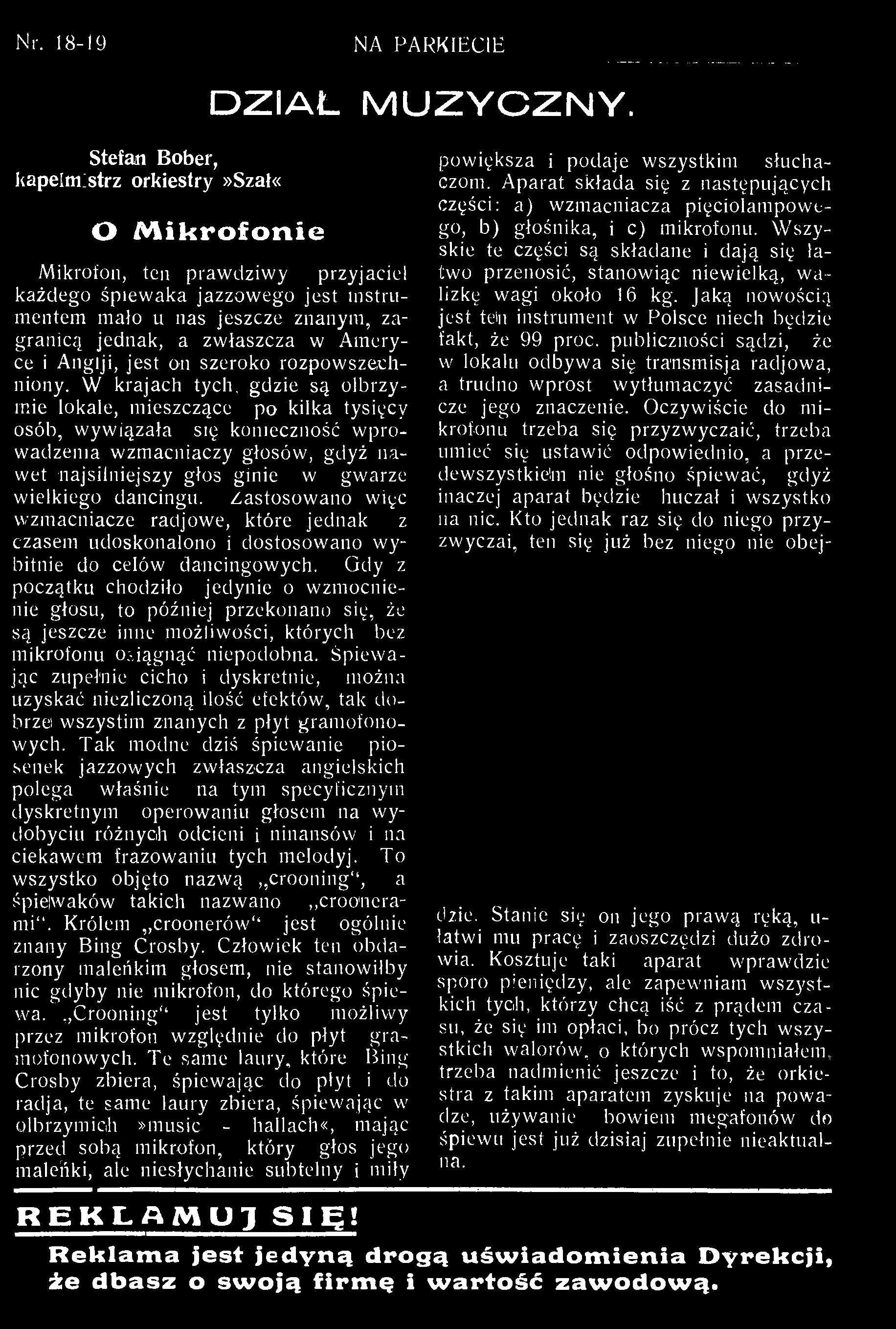 Nr. 18-19 NA PARKIECIE Stefan Bober, kapelmistrz orkiestry»szał«o M ikrofonie DZiAL MUZYCZNY.