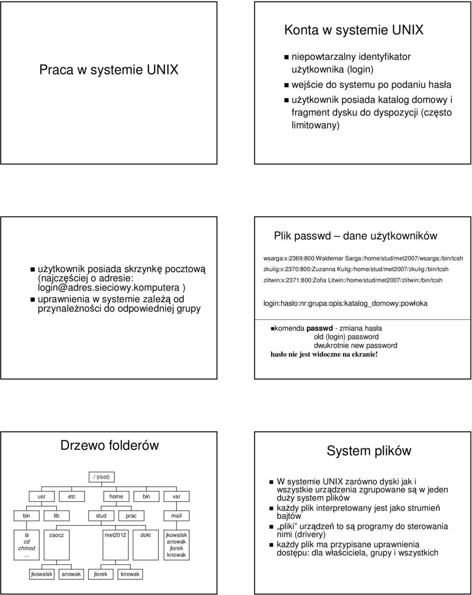 komputera ) uprawnienia w systemie zależą od przynależności do odpowiedniej grupy wsarga:x:2369:800:waldemar Sarga:/home/stud/met2007/wsarga:/bin/tcsh zkulig:x:2370:800:zuzanna