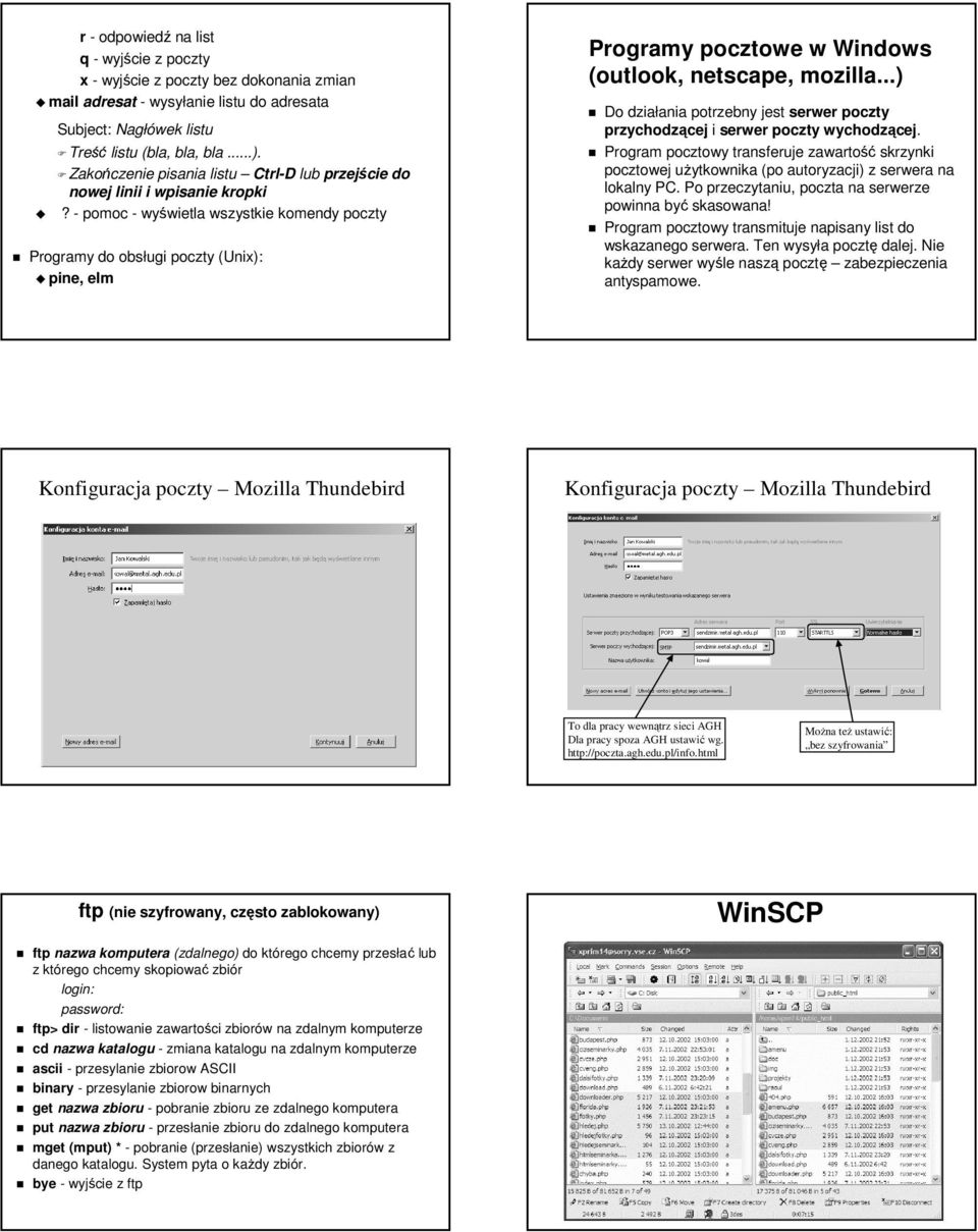 - pomoc - wyświetla wszystkie komendy poczty Programy do obsługi poczty (Unix): pine, elm Programy pocztowe w Windows (outlook, netscape, mozilla.