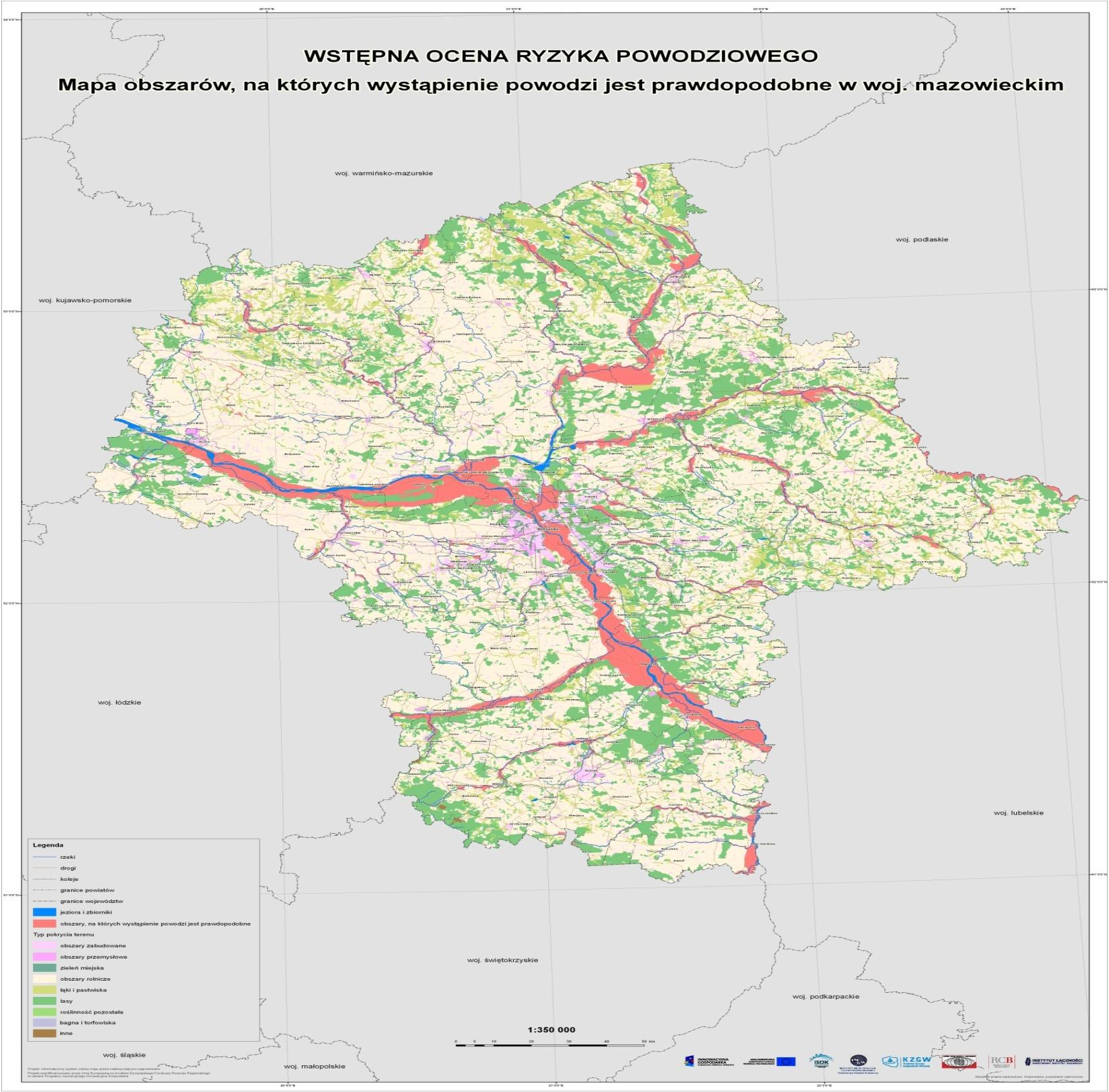 Mapa obszarów na których wystąpienie powodzi jest prawdopodobne w woj. mazowieckim Źródło: www.kzgw.gov.