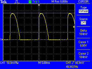 Obraz ekranu oscyloskopu zawierający przykładowy przebieg czasowy sygnału badanego przedstawiono na rysunku 6.6. Sygnał był mierzony sondą, która była podpięta do kanału oscyloskopu oznaczonego jako CH.