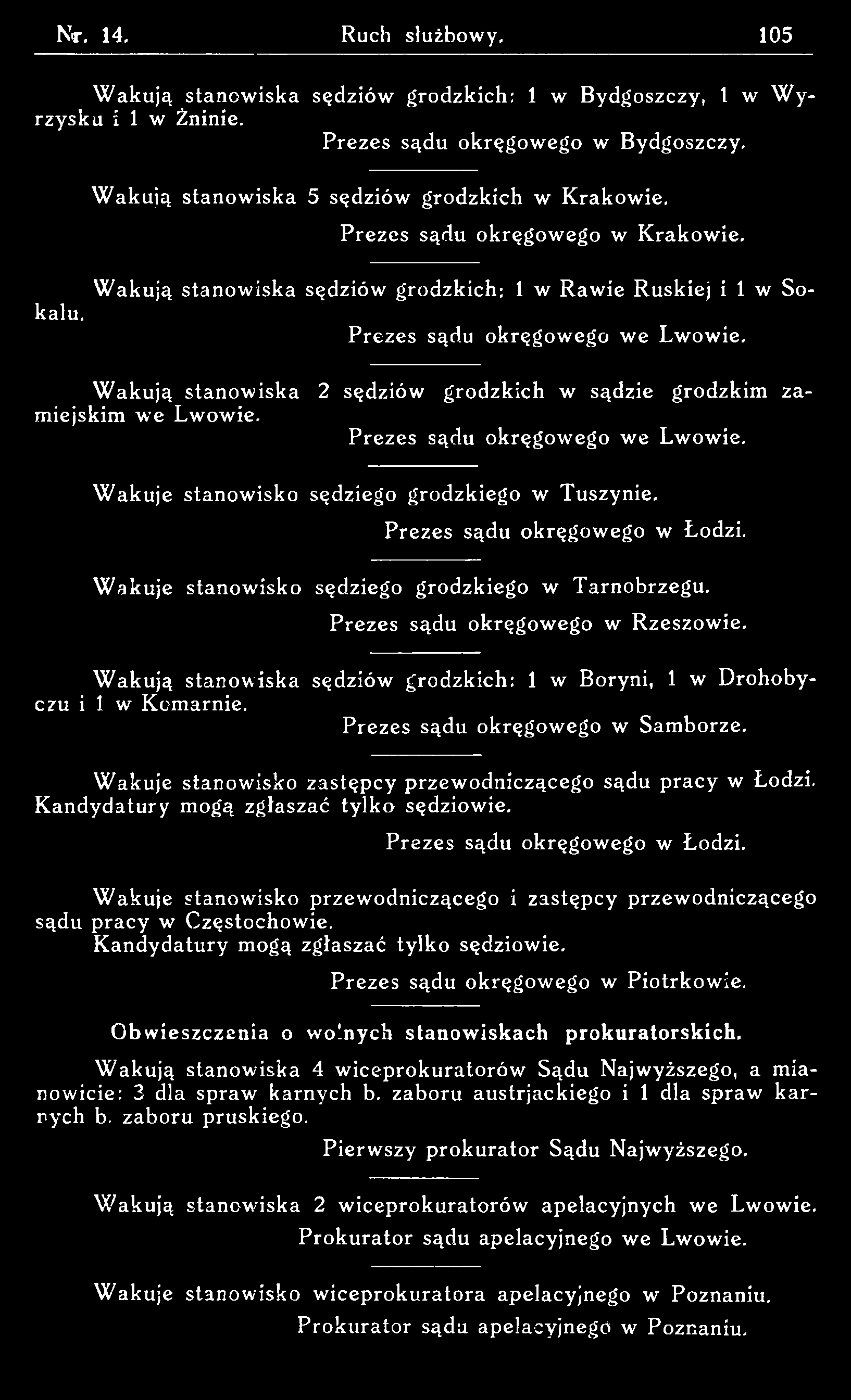 W akują stanowiska sędziów grodzkich: 1 w Bydgoszczy, 1 w W y rzysku i 1 w Żninie. Prezes sądu okręgow ego w Bydgoszczy. W akują stanowiska 5 sędziów grodzkich w K rakowie.